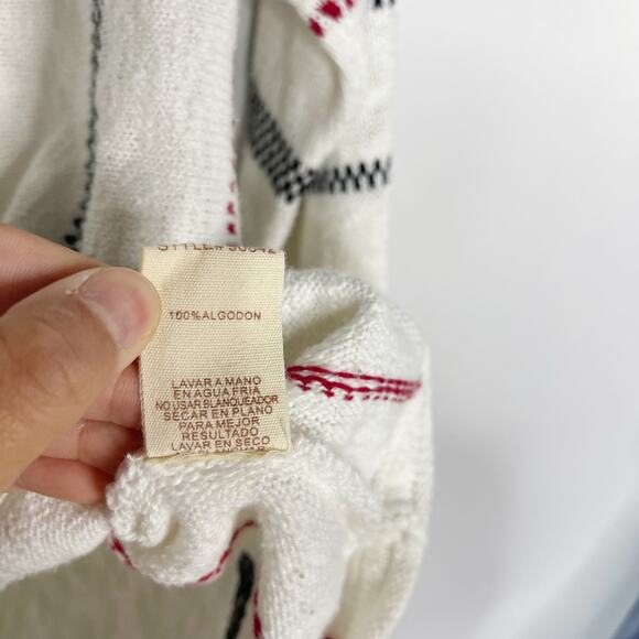 Hem & Thread Medium M White Striped Sleeve Scoop Neck Sweater Red Black Cotton - Picture 10 of 10